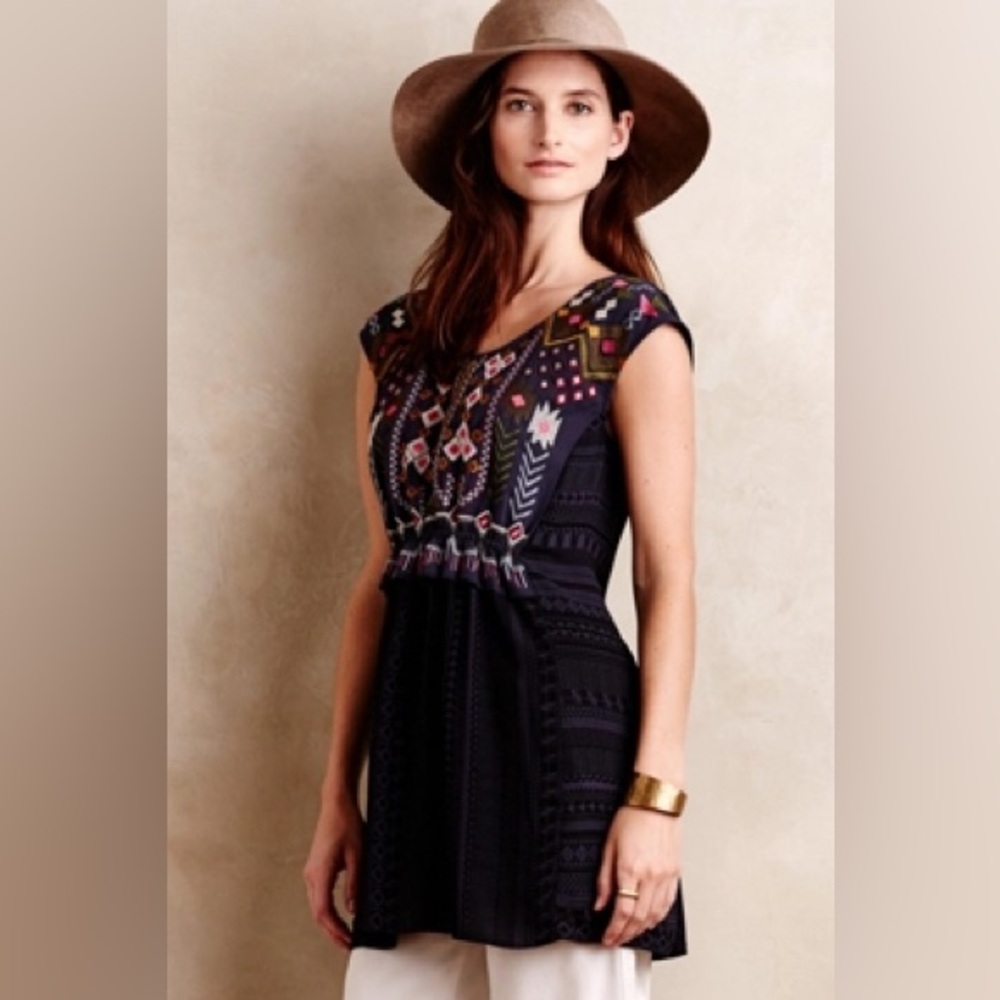 One September Anthropologie Embroidered Barranco Boho Tunic Top Blouse XS